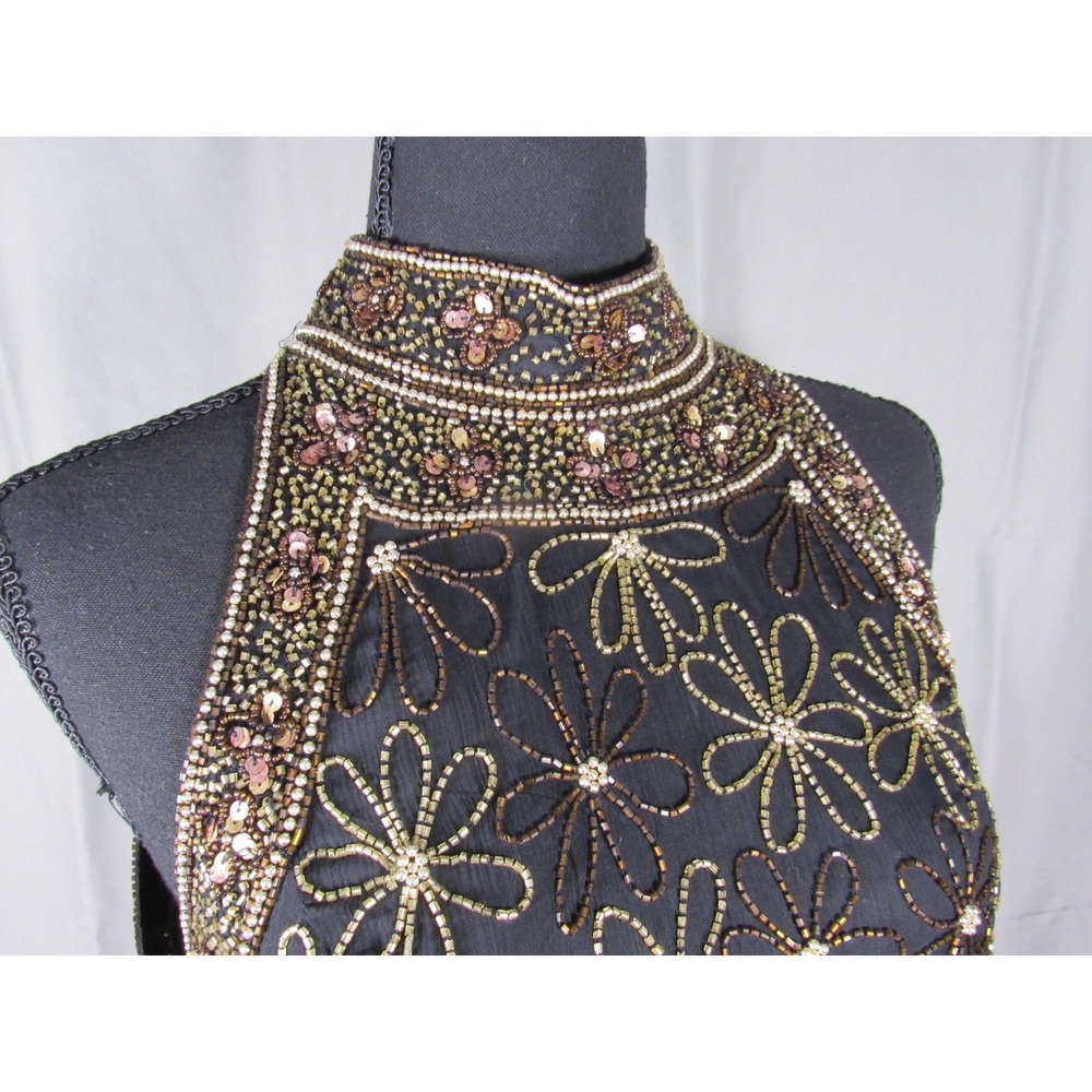 Papell Boutique Evening Black Silk Beaded Halter Top Mock Neck Scalloped Medium - Picture 5 of 8